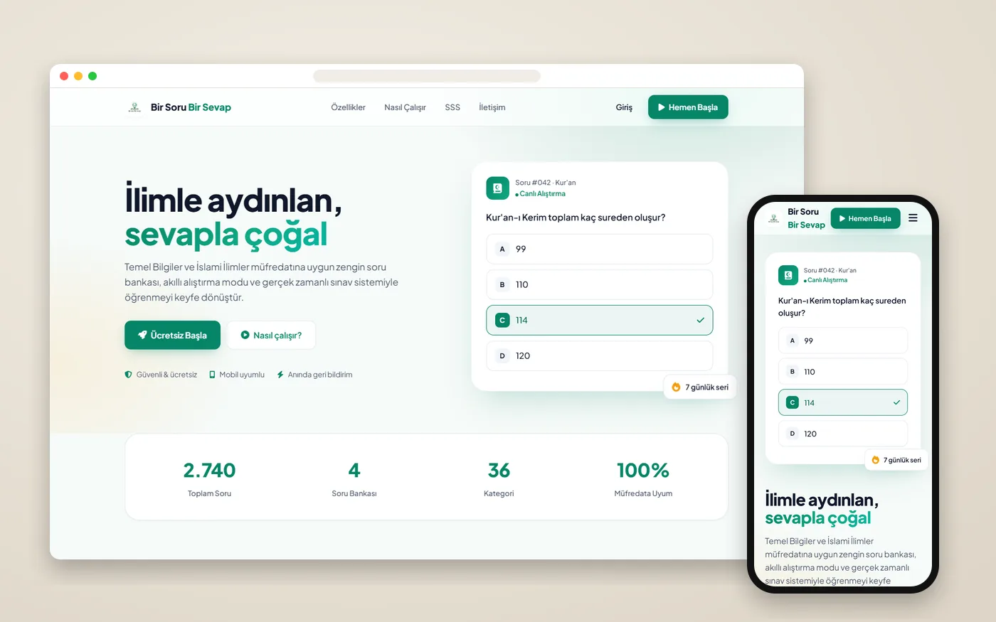 Bir Soru Bir Sevap — Website auf verschiedenen Geräten